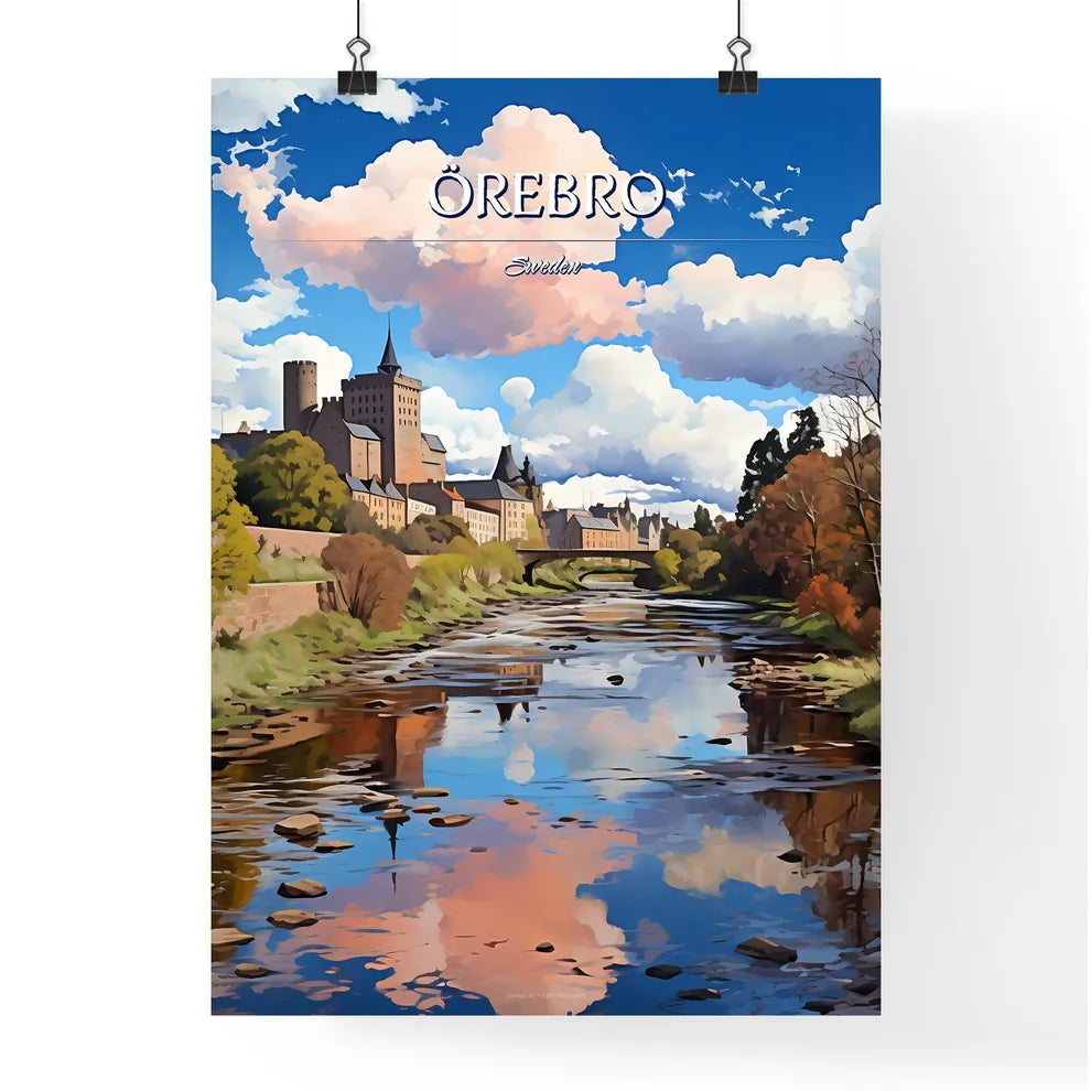 Örebro, Sweden, - Art print of a river with a castle and trees Poster