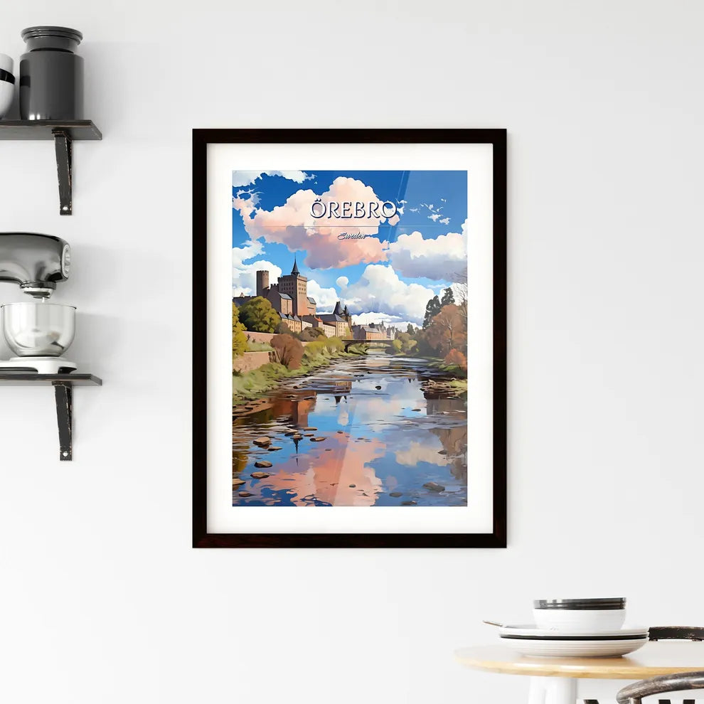 Örebro, Sweden, - Art print of a river with a castle and trees Custom Print