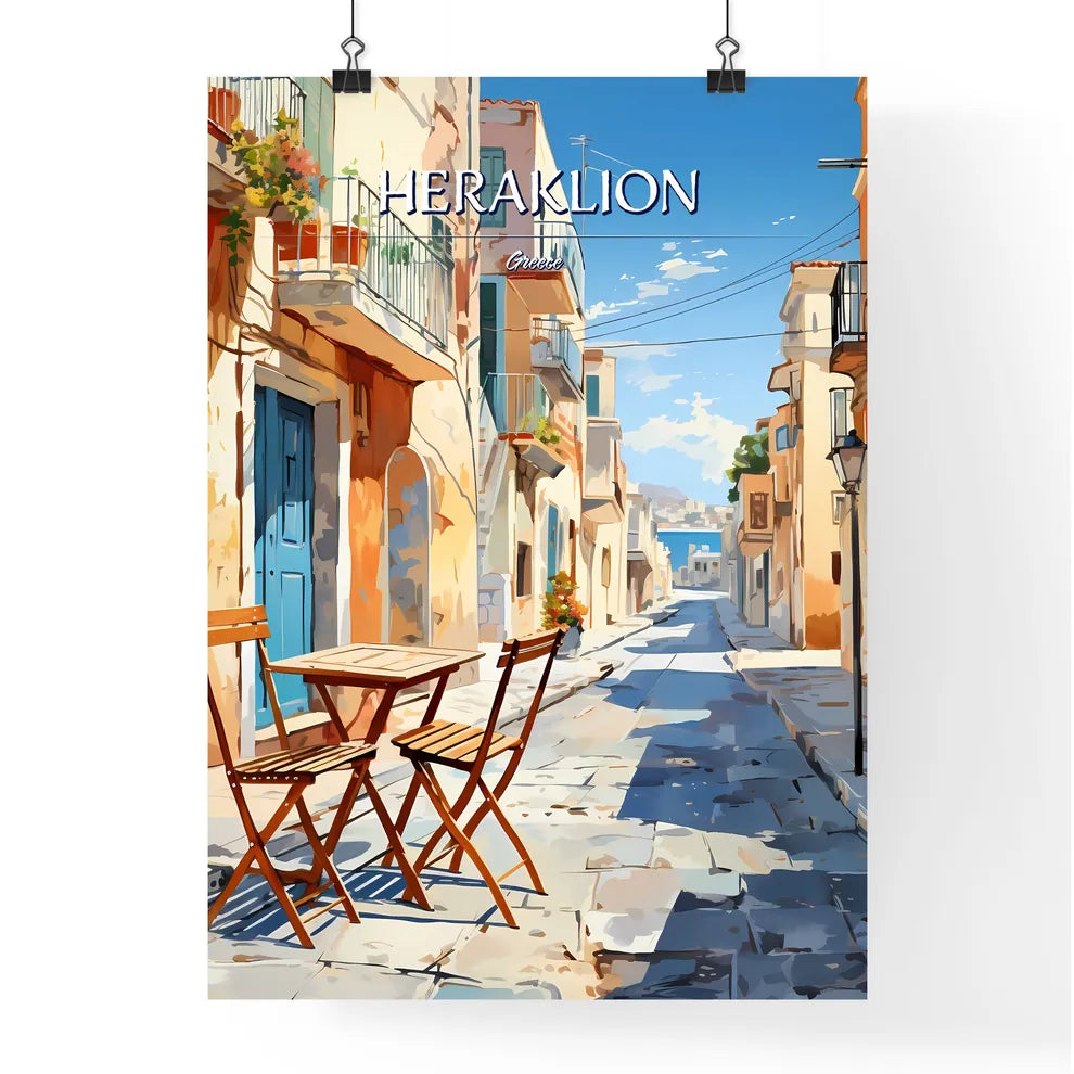 Heraklion, Greece - Art print of a table and chairs in a street Poster
