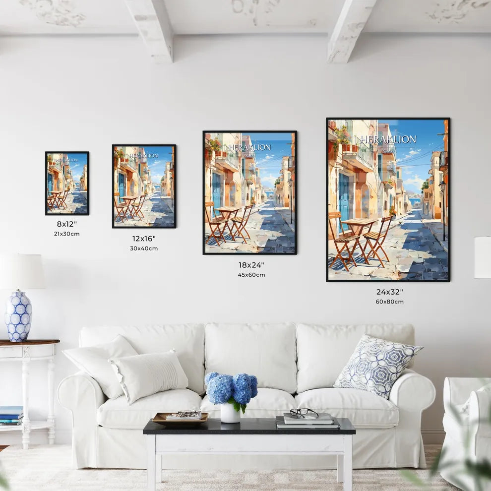 Heraklion, Greece - Art print of a table and chairs in a street Size Chart