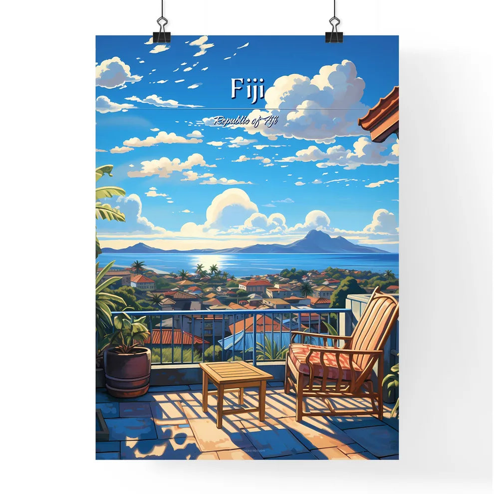 On the roofs of Fiji, Republic of Fiji - Art print of a balcony with a view of a city and mountains Poster