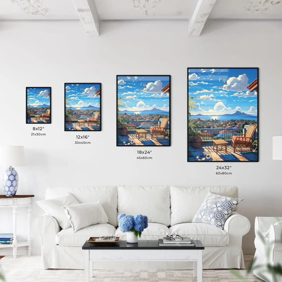 On the roofs of Fiji, Republic of Fiji - Art print of a balcony with a view of a city and mountains Size Chart