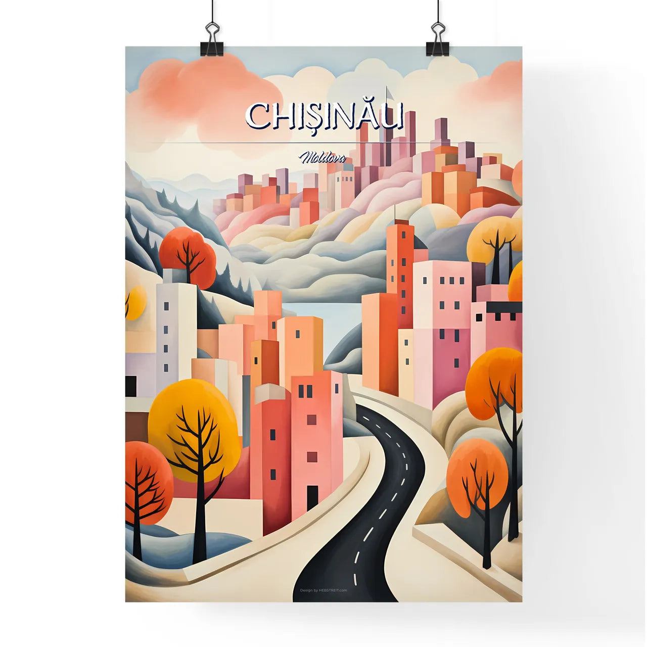 Chișinău, Moldova - Art print of a painting of a city with trees and mountains Poster