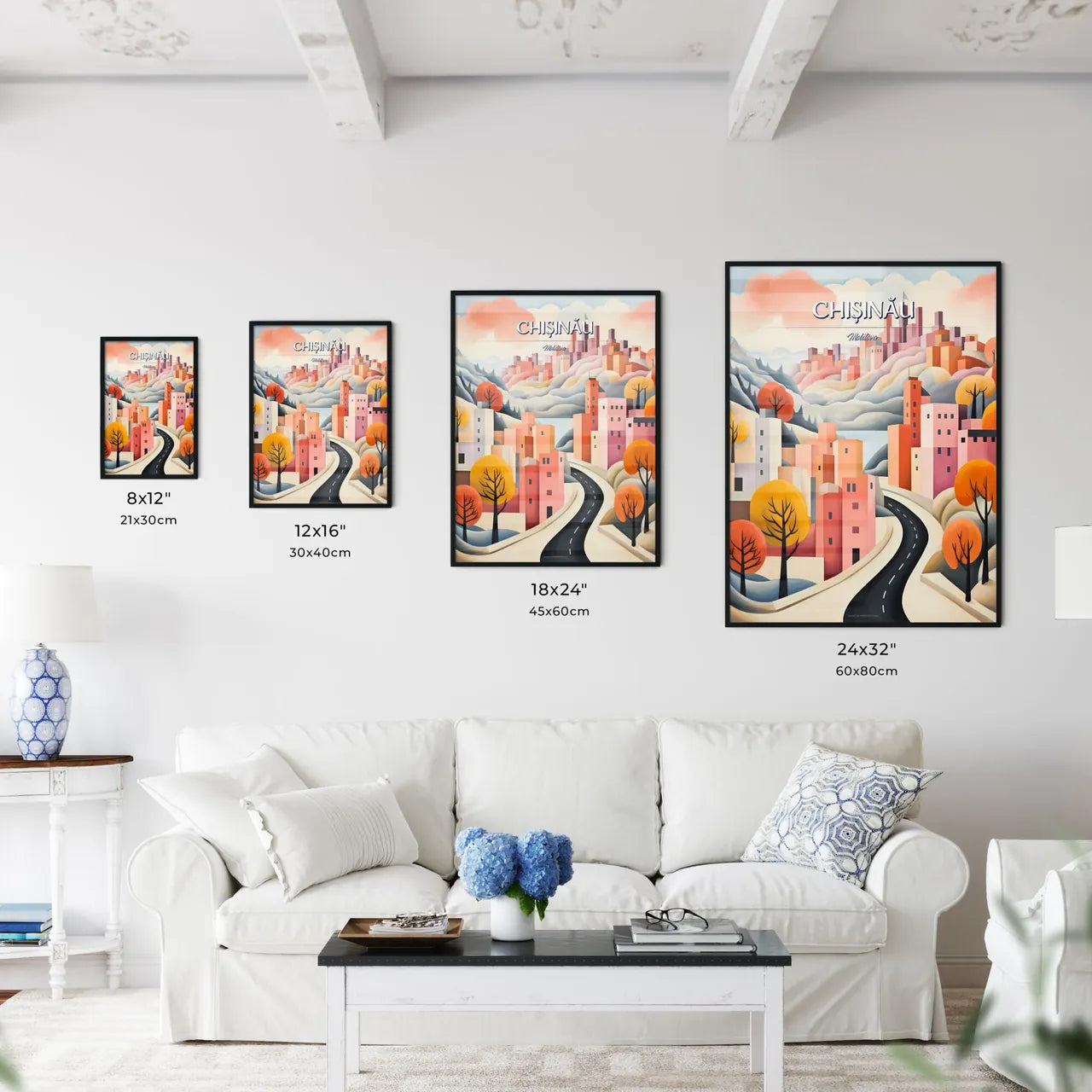 Chișinău, Moldova - Art print of a painting of a city with trees and mountains Size Chart