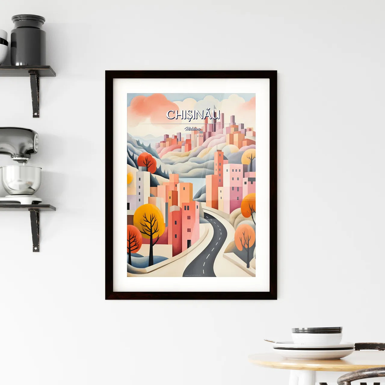 Chișinău, Moldova - Art print of a painting of a city with trees and mountains Custom Print
