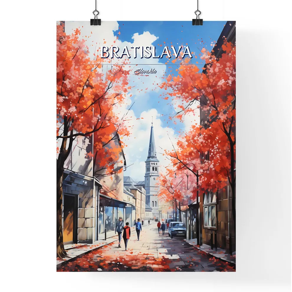 Bratislava, Slovakia - Art print of a street with trees and people walking on it Poster