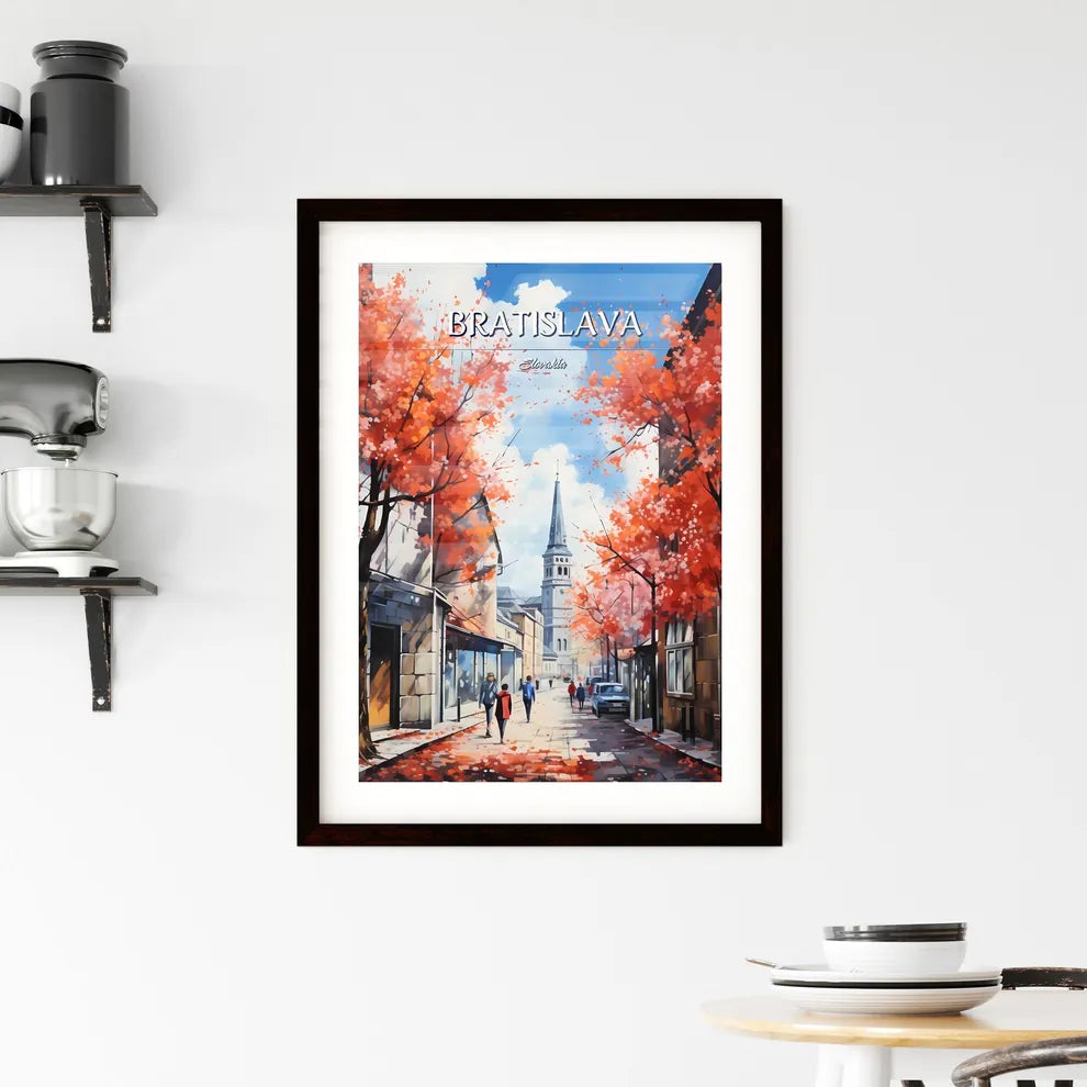 Bratislava, Slovakia - Art print of a street with trees and people walking on it Custom Print