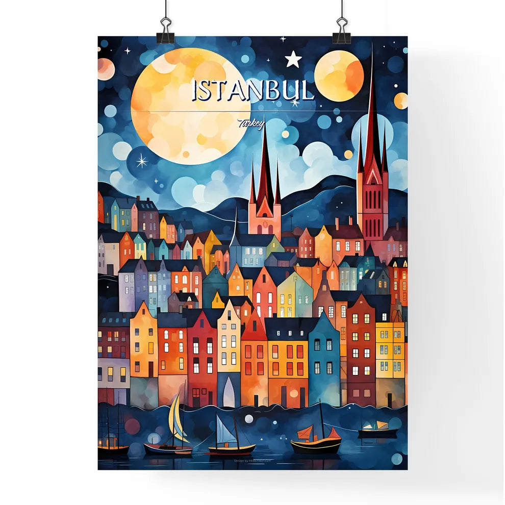 Istanbul, Turkey - Art print of a painting of a city at night Poster