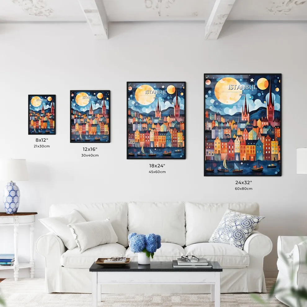 Istanbul, Turkey - Art print of a painting of a city at night Size Chart