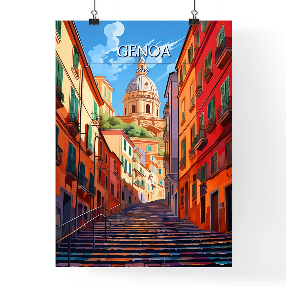 Genoa, Italy - Art print of a steep staircase in a city Poster