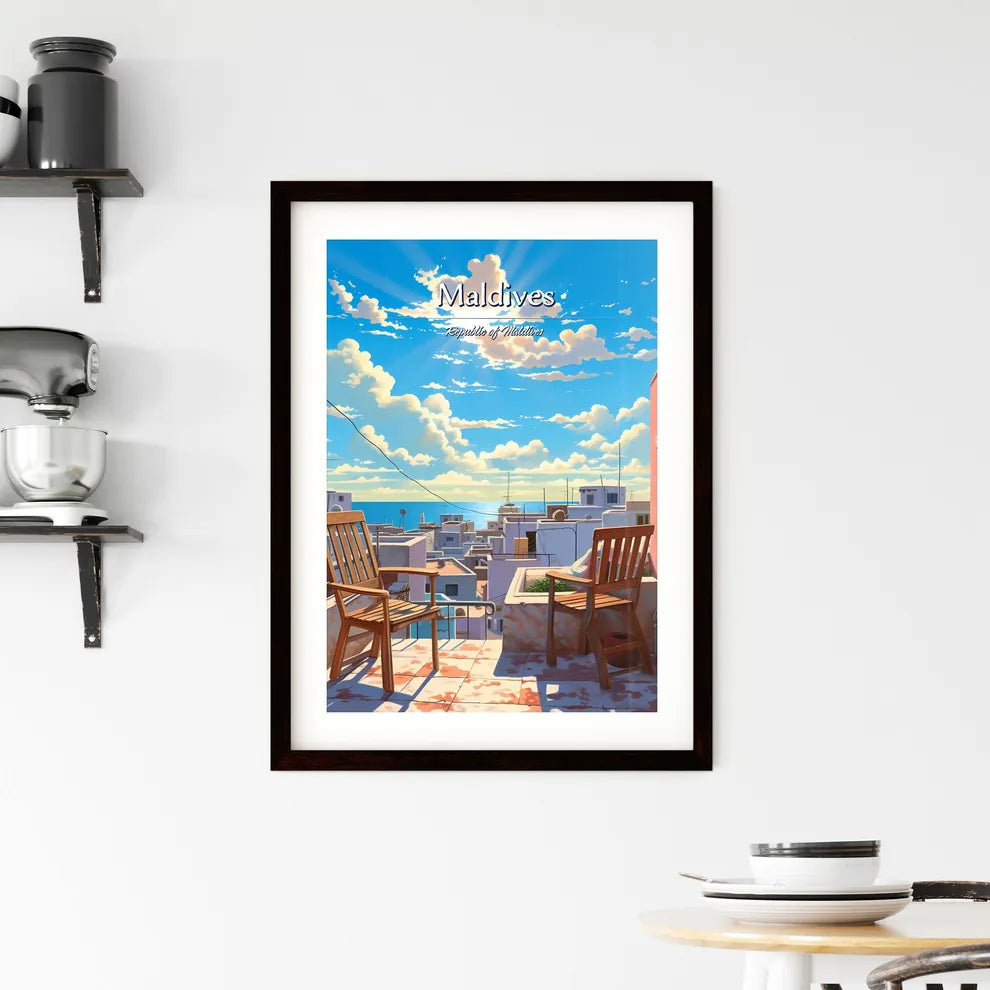 On the roofs of Maldives, Republic of Maldives - Art print of a two chairs on a rooftop overlooking a city Custom Print