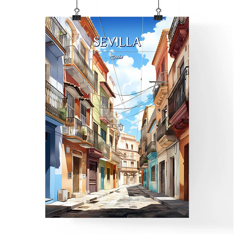 Sevilla, Spain - Art print of a street with buildings and a street with a blue sky and clouds Poster