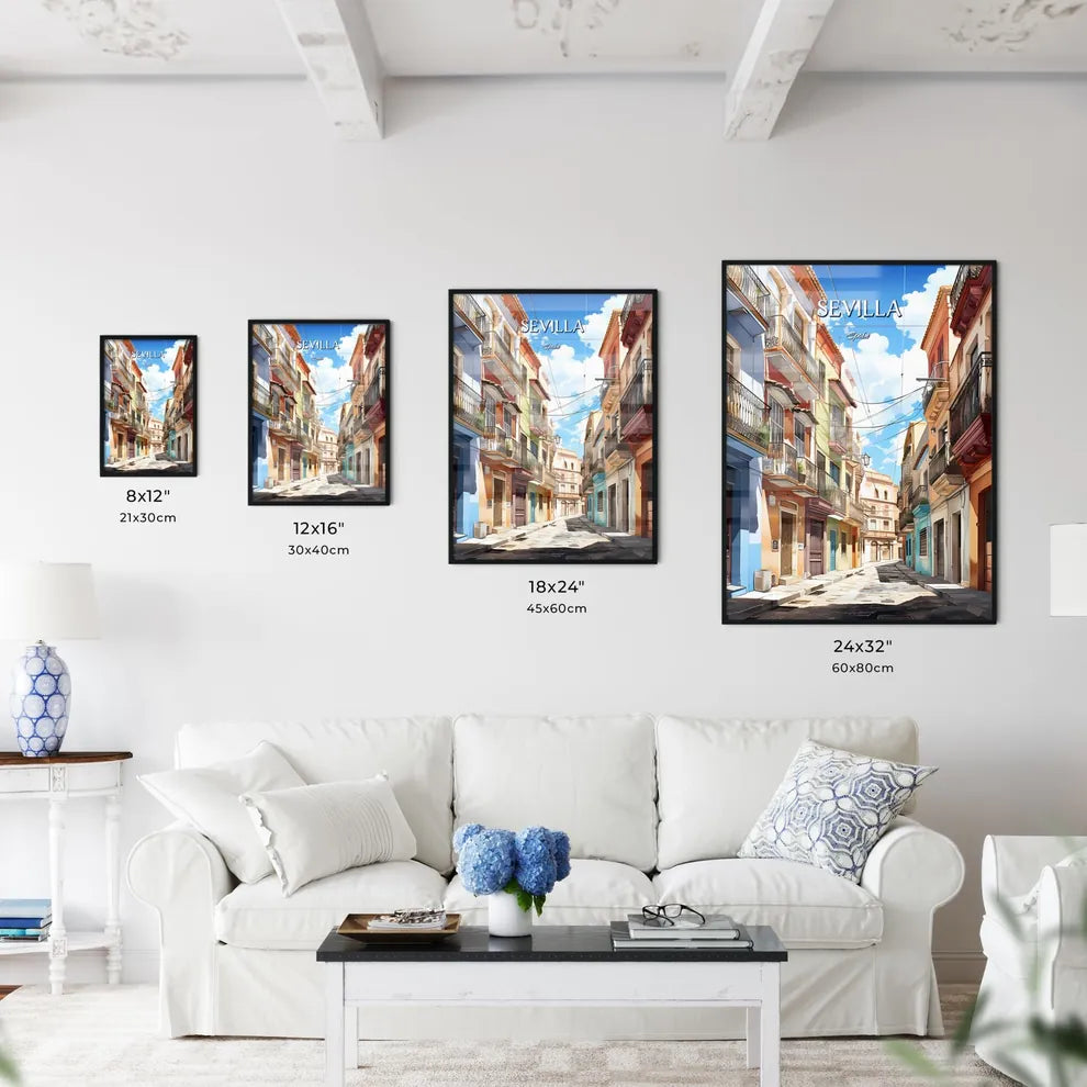 Sevilla, Spain - Art print of a street with buildings and a street with a blue sky and clouds Size Chart
