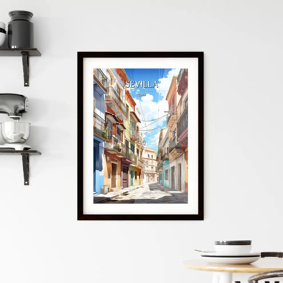 Sevilla, Spain - Art print of a street with buildings and a street with a blue sky and clouds Custom Print