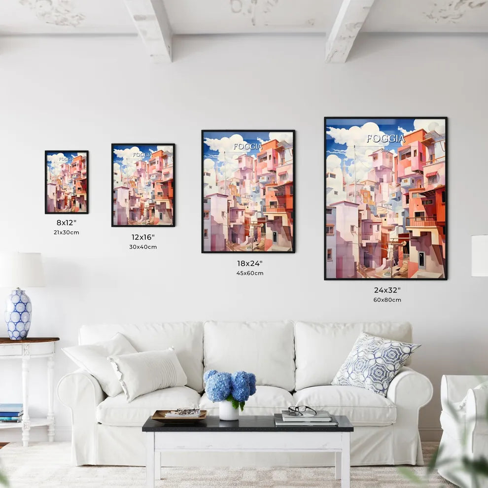 Foggia, Italy - Art print of a colorful buildings with clouds in the sky Size Chart