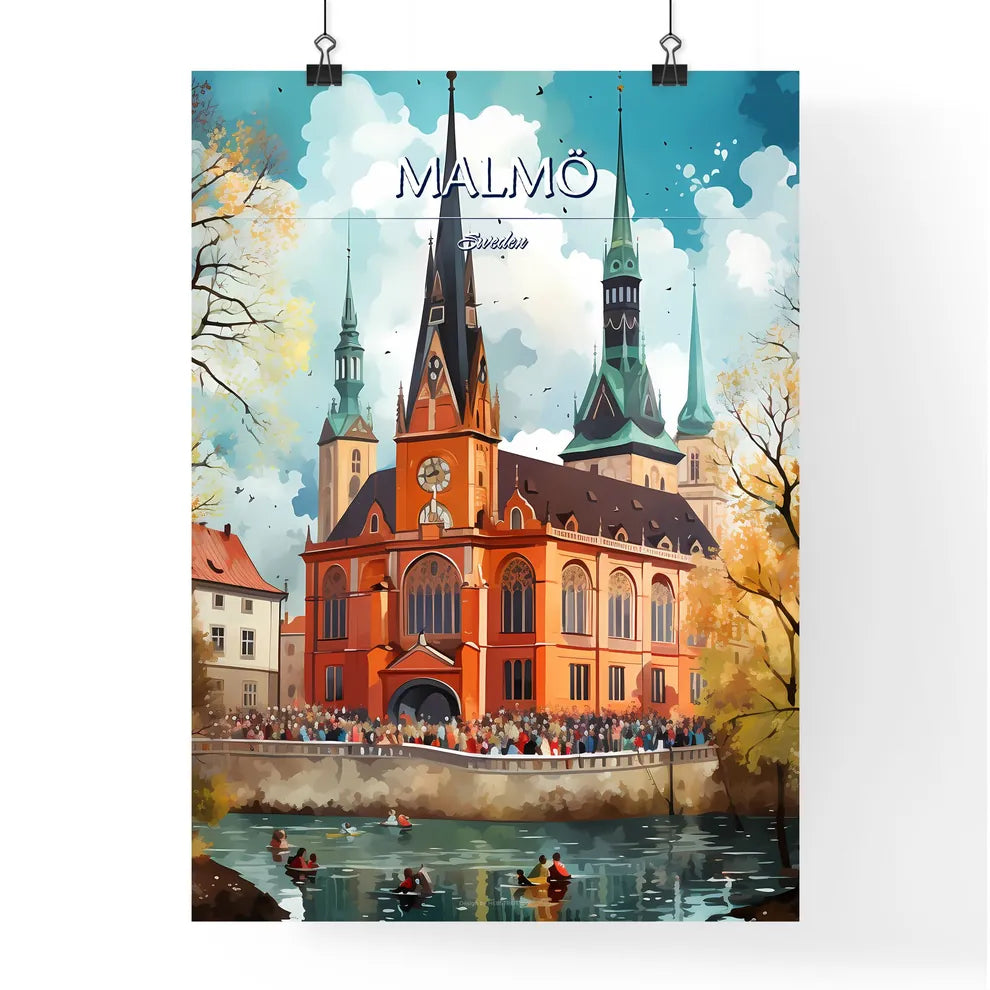 Malmö, Sweden, - Art print of a large building with a clock tower and a crowd of people Poster