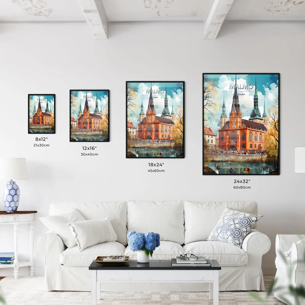 Malmö, Sweden, - Art print of a large building with a clock tower and a crowd of people Size Chart