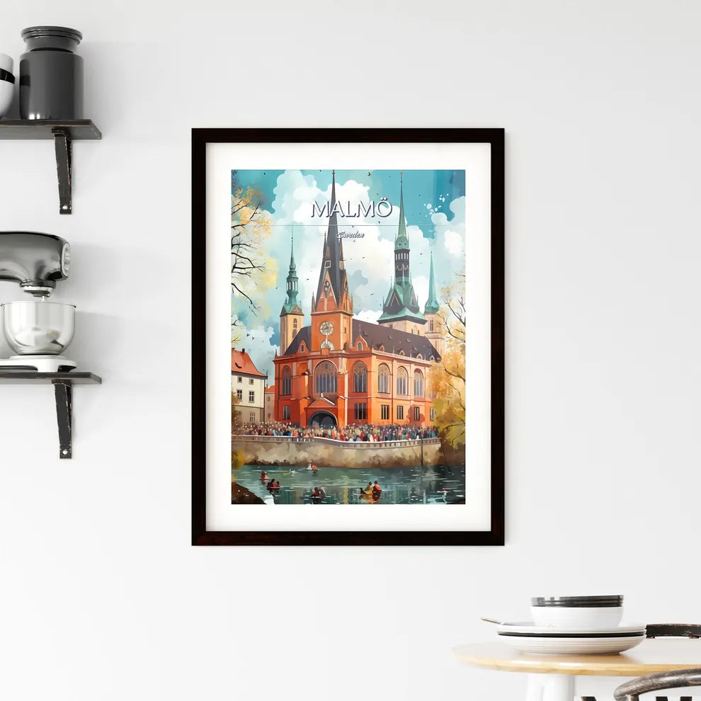 Malmö, Sweden, - Art print of a large building with a clock tower and a crowd of people Custom Print