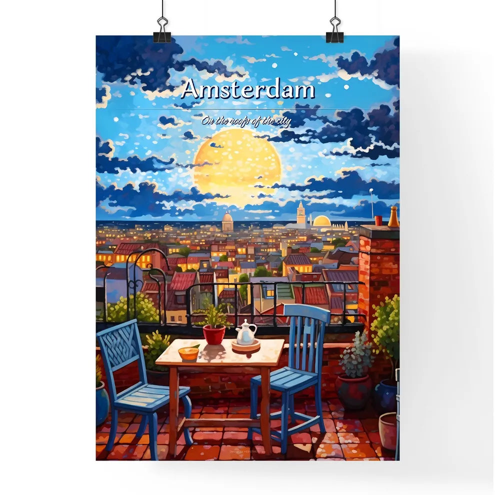 On the roofs of Amsterdam - Art print of a painting of a rooftop terrace with a table and chairs and a full moon in the sky Poster