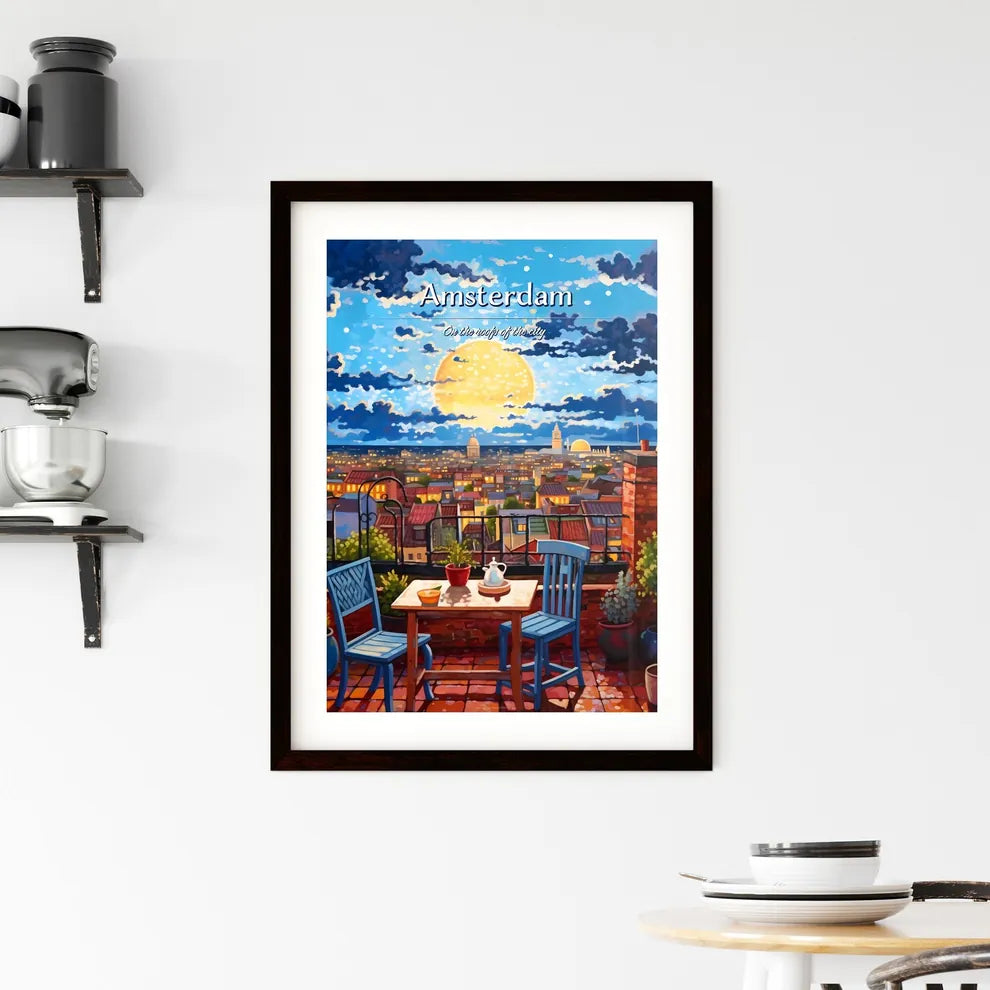 On the roofs of Amsterdam - Art print of a painting of a rooftop terrace with a table and chairs and a full moon in the sky Custom Print