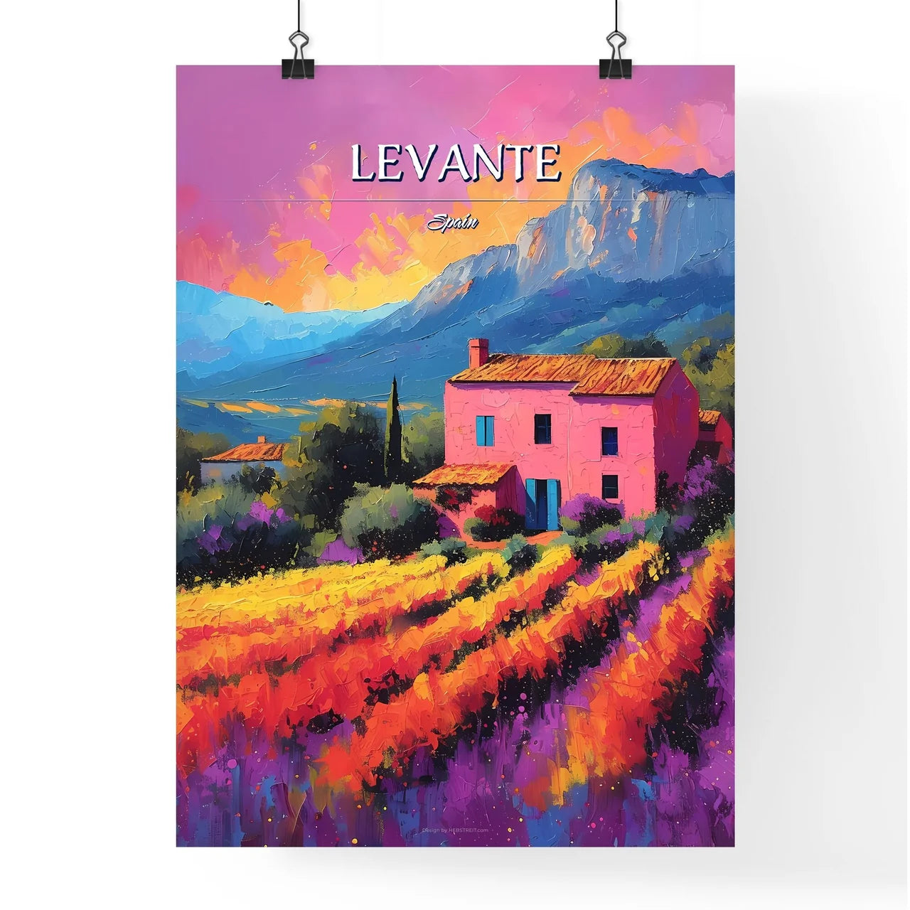 Levante, Spain - Art print of a painting of a house in a field of flowers Poster