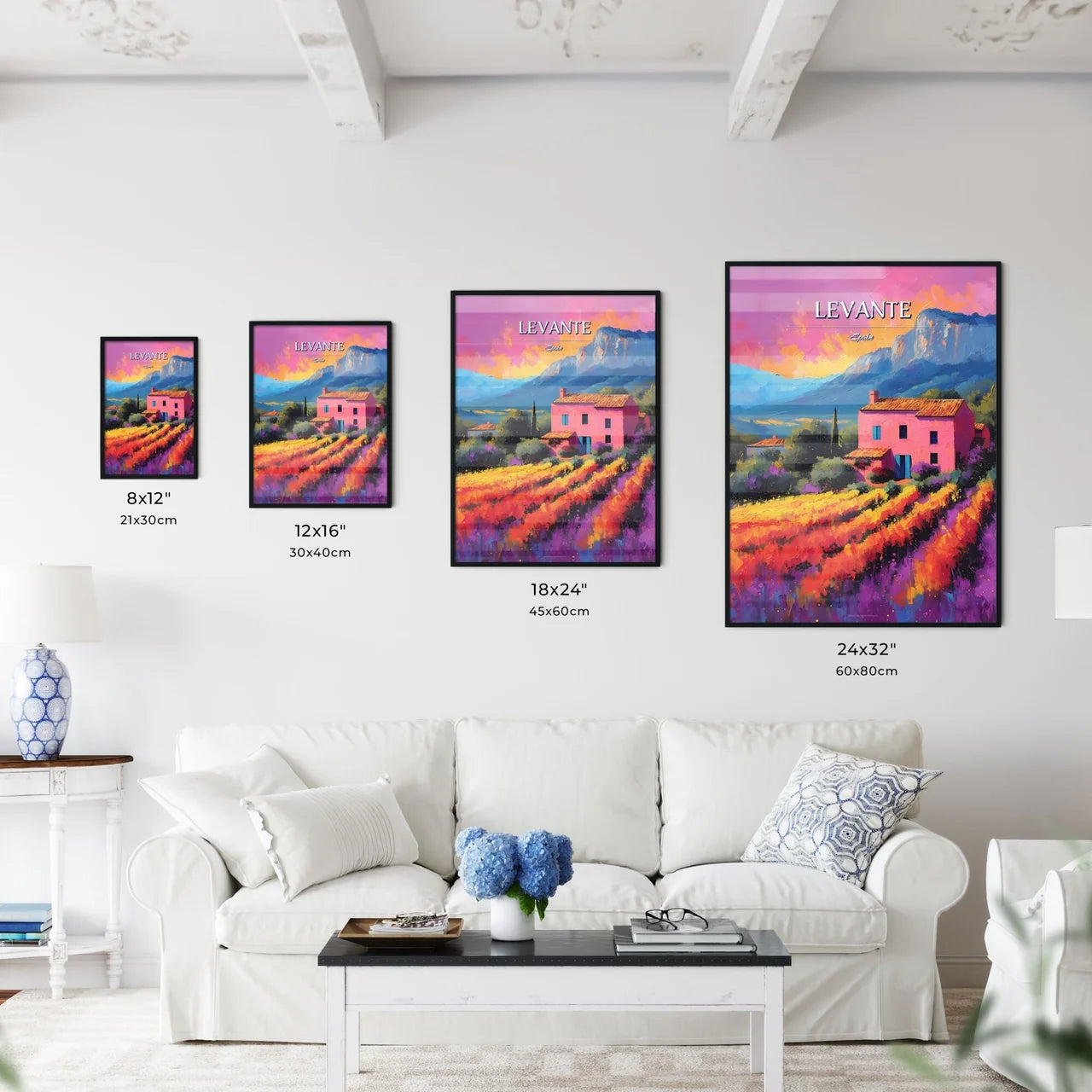 Levante, Spain - Art print of a painting of a house in a field of flowers Size Chart