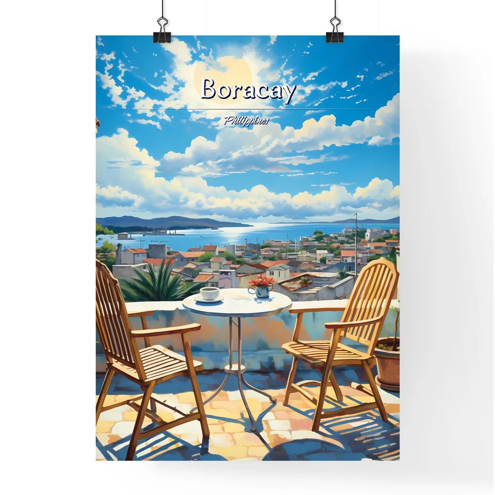 On the roofs of Boracay, Philippines - Art print of a table and chairs on a balcony overlooking a city Poster