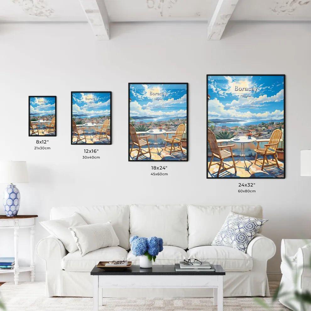 On the roofs of Boracay, Philippines - Art print of a table and chairs on a balcony overlooking a city Size Chart
