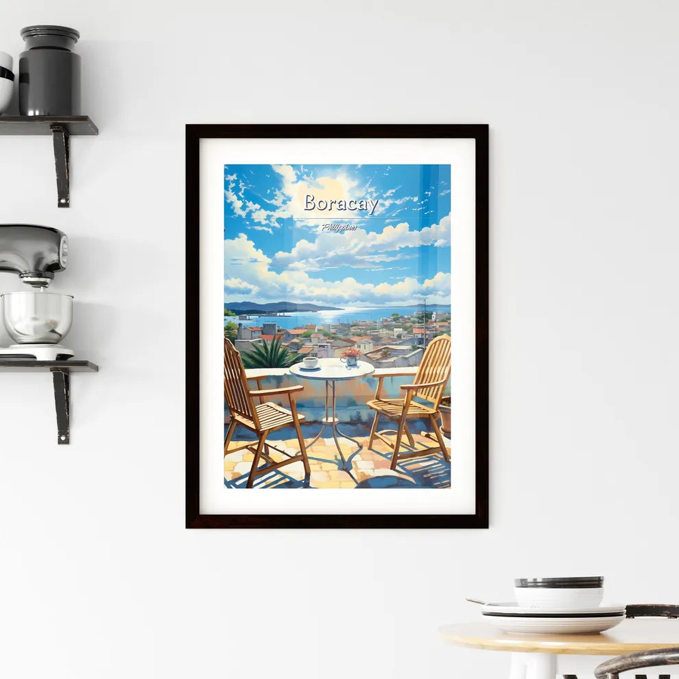 On the roofs of Boracay, Philippines - Art print of a table and chairs on a balcony overlooking a city Custom Print