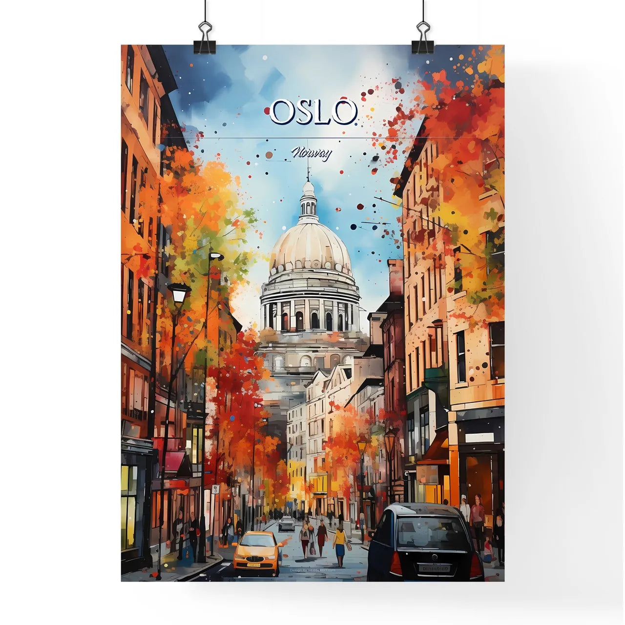 Oslo, Norway - Art print of a street with cars and a dome on top Poster