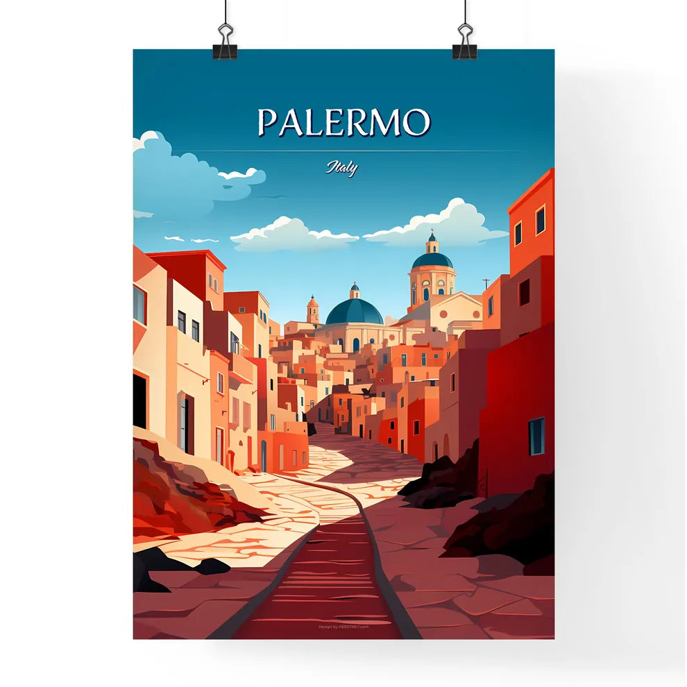 Palermo, Italy - Art print of a street with buildings and a blue sky Poster