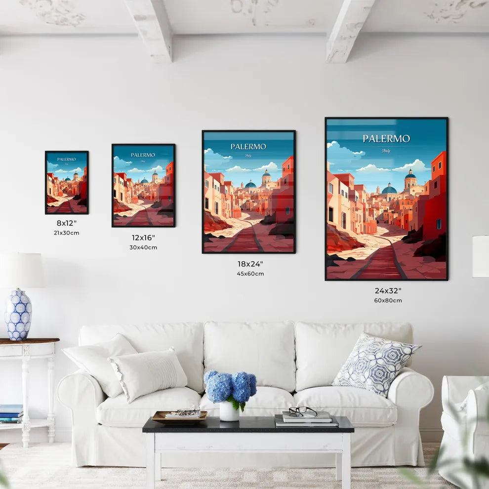 Palermo, Italy - Art print of a street with buildings and a blue sky Size Chart