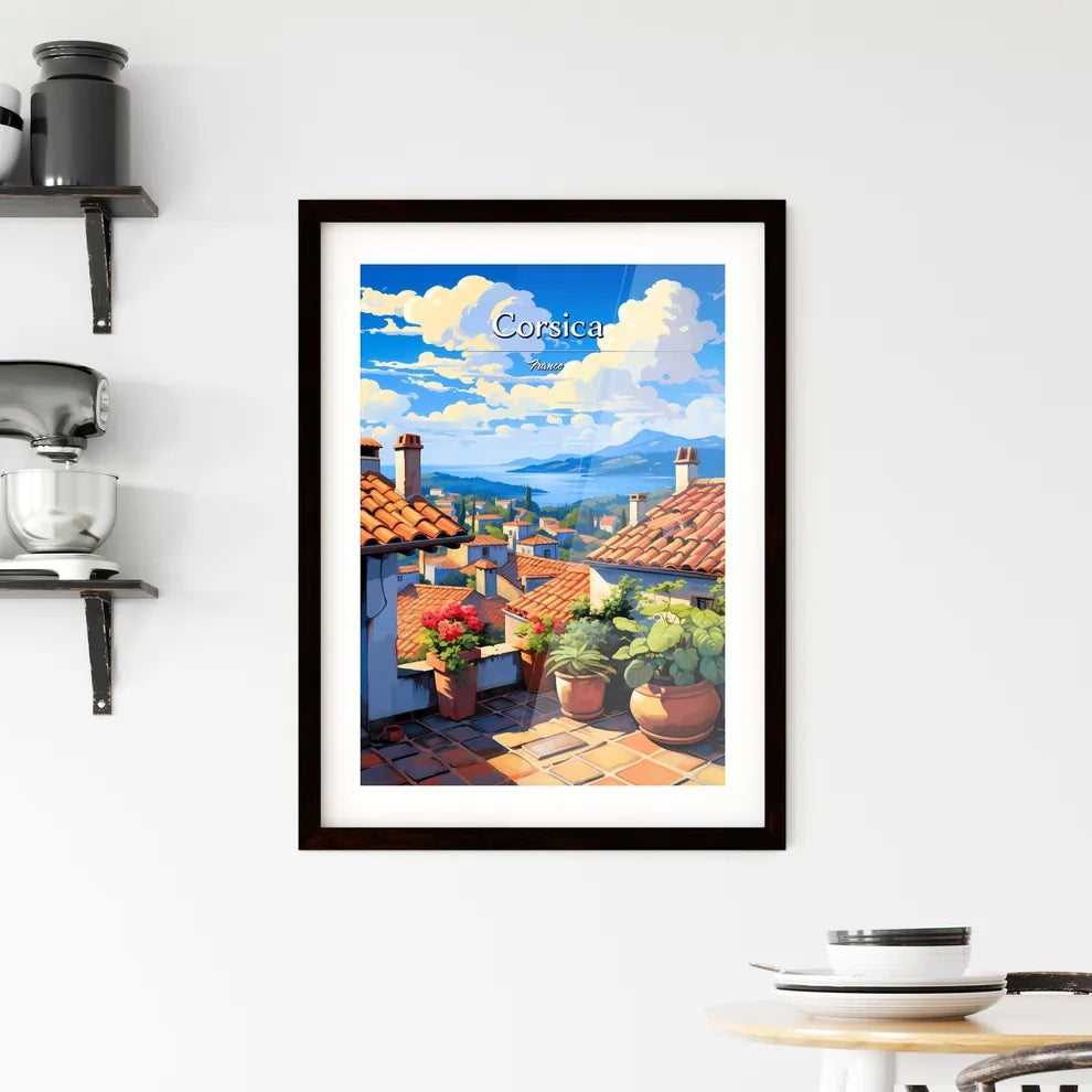 On the roofs of Corsica, France - Art print of a rooftop of a town with potted plants and a view of the water Custom Print