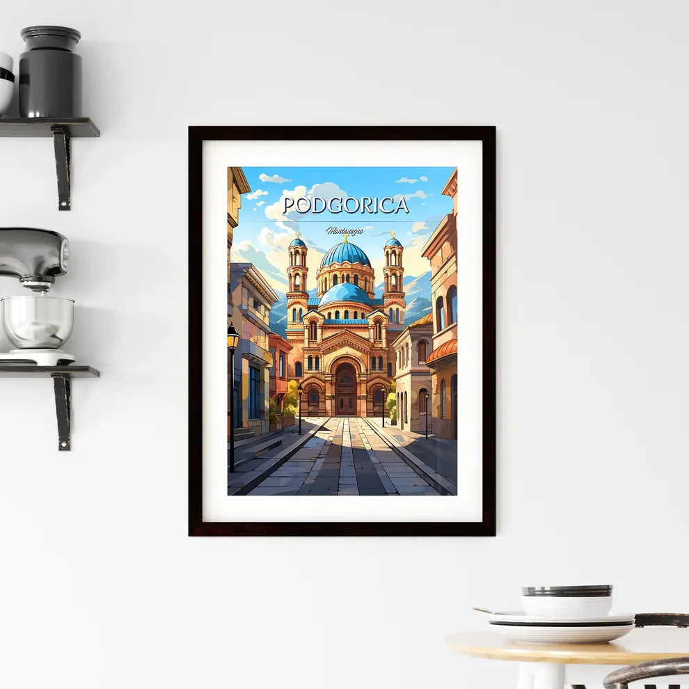 Podgorica, Montenegro - Art print of a street with a building and a blue dome Custom Print