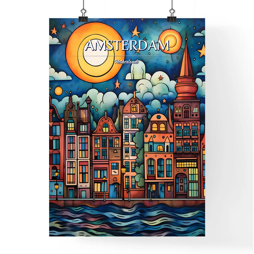 Amsterdam, Netherlands - Art print of a colorful cityscape with a moon and stars Poster