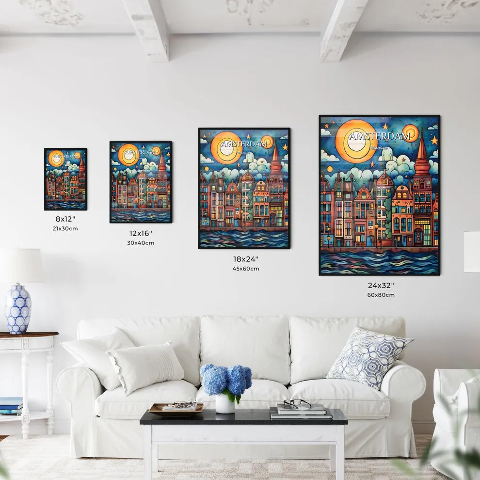 Amsterdam, Netherlands - Art print of a colorful cityscape with a moon and stars Size Chart