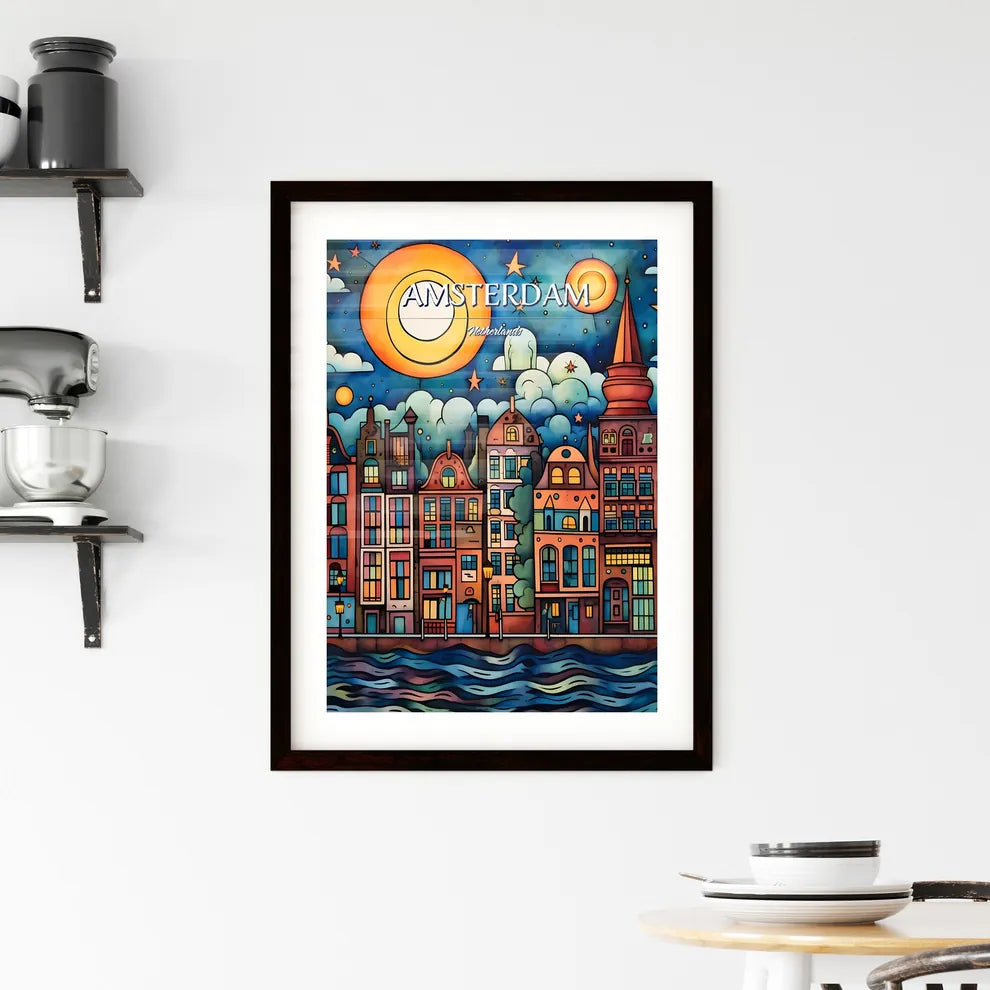Amsterdam, Netherlands - Art print of a colorful cityscape with a moon and stars Custom Print