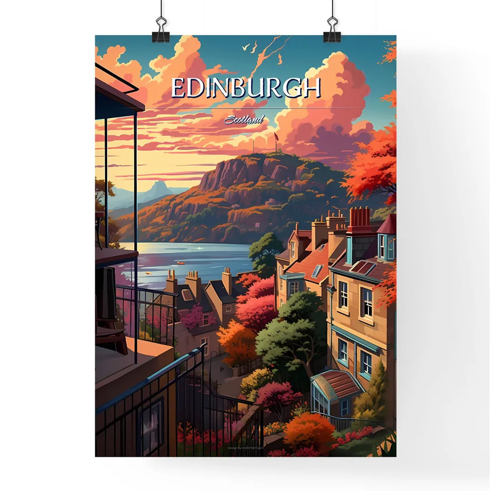 Edinburgh, Scotland - Art print of a view of a town from a balcony overlooking a lake Poster