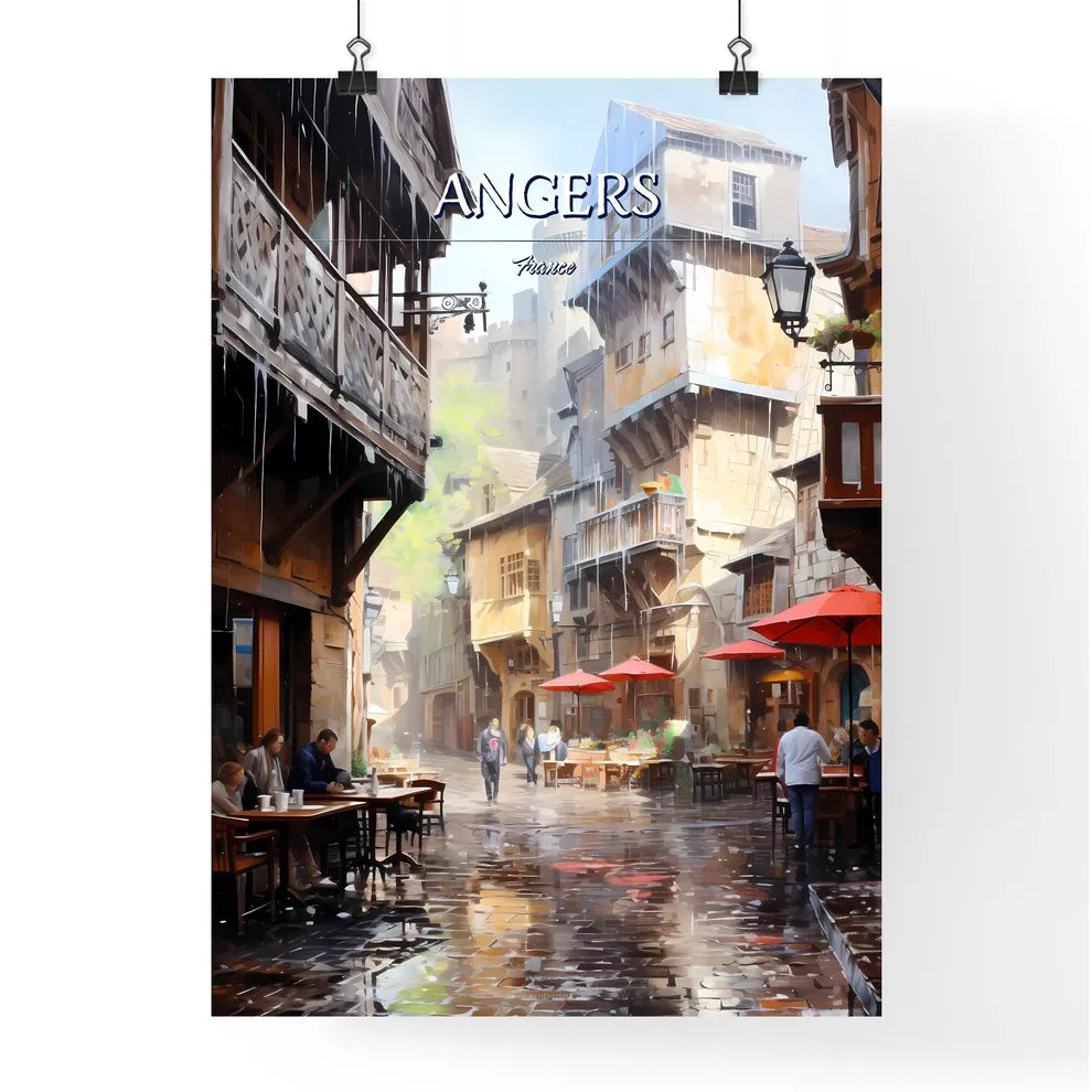 Angers, France - Art print of a street with tables and umbrellas in a rainy day Poster