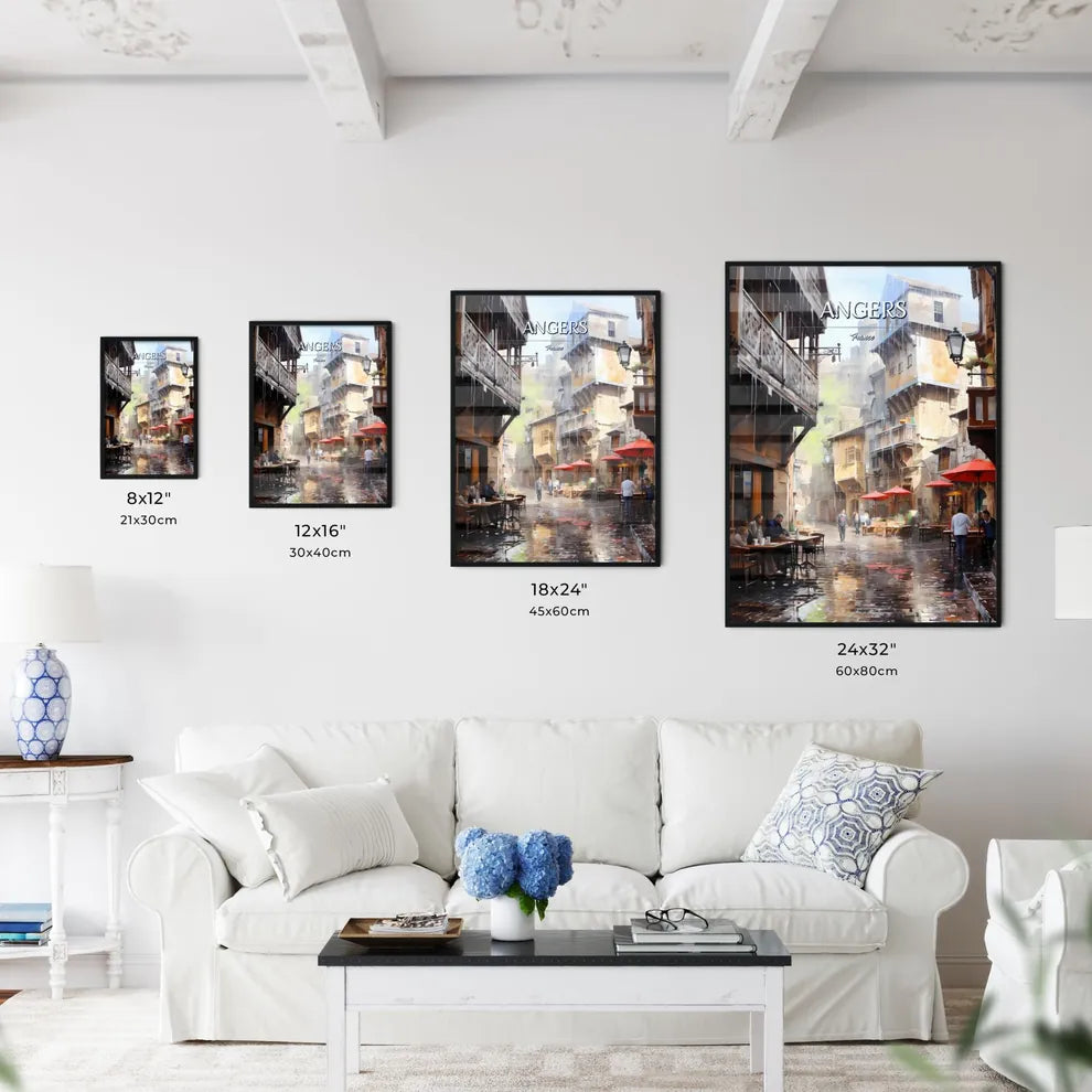 Angers, France - Art print of a street with tables and umbrellas in a rainy day Size Chart