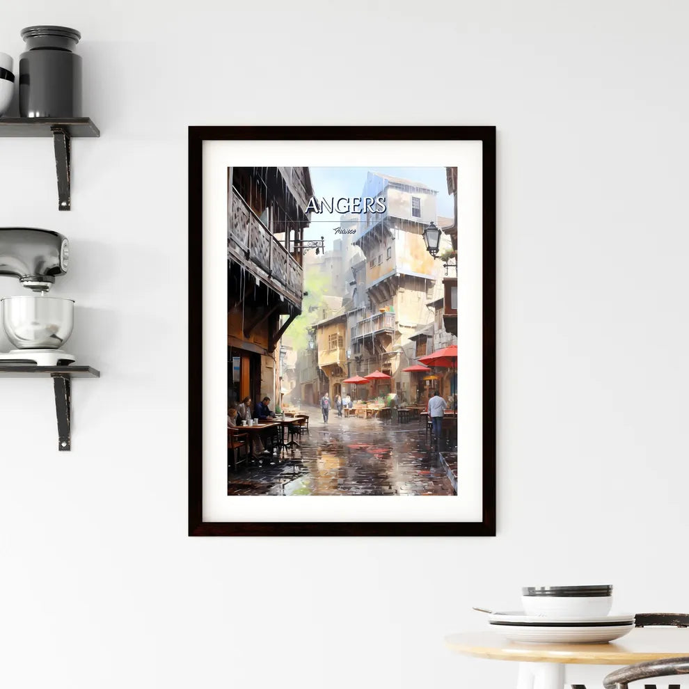 Angers, France - Art print of a street with tables and umbrellas in a rainy day Custom Print