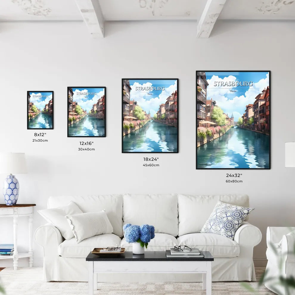 Strasbourg, France - Art print of a canal with buildings and flowers Size Chart