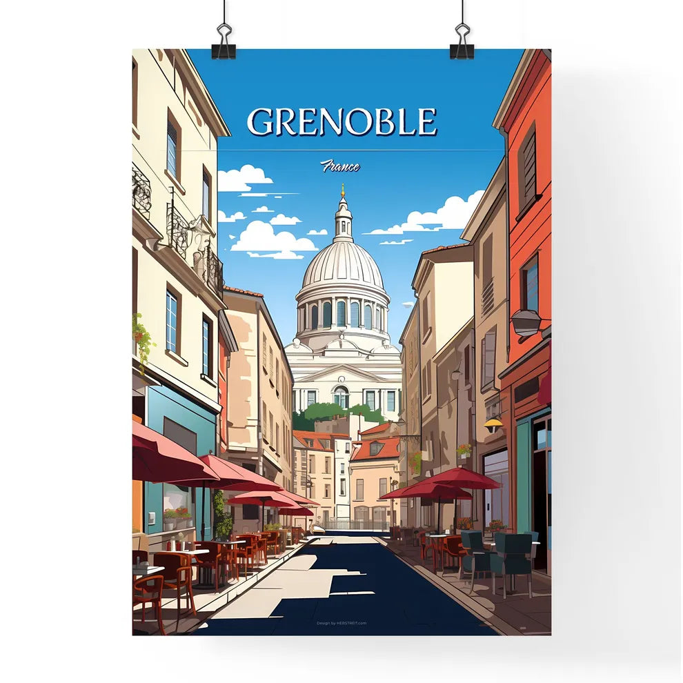 Grenoble, France - Art print of a street with tables and chairs in front of a dome Poster