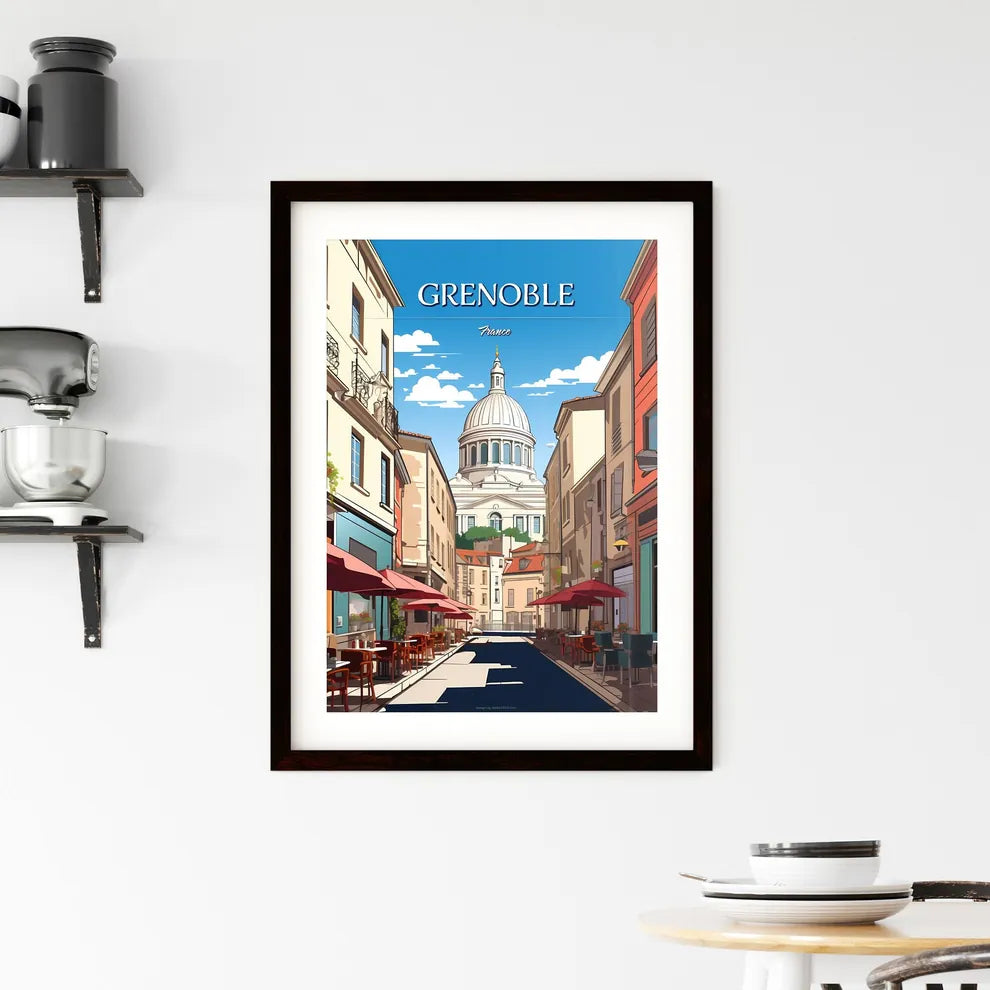 Grenoble, France - Art print of a street with tables and chairs in front of a dome Custom Print