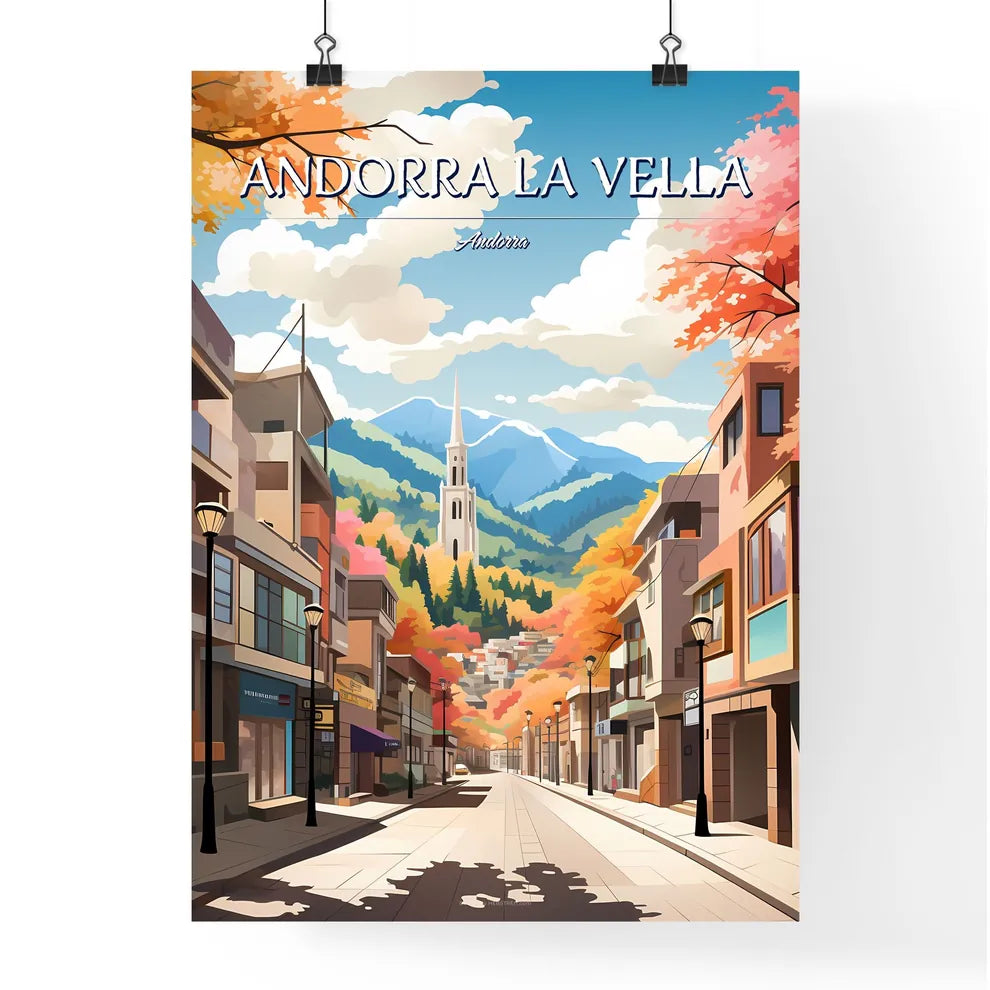 Andorra la Vella, Andorra - Art print of a street with buildings and trees in the background Poster