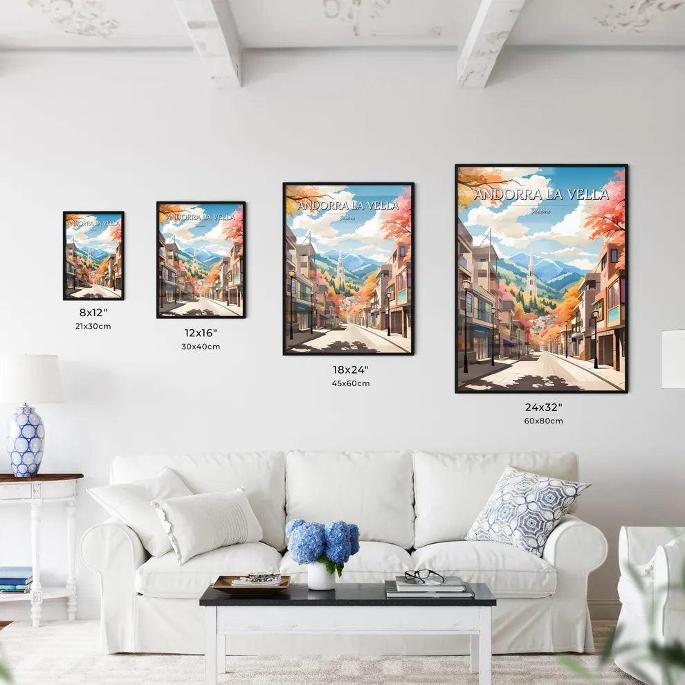 Andorra la Vella, Andorra - Art print of a street with buildings and trees in the background Size Chart