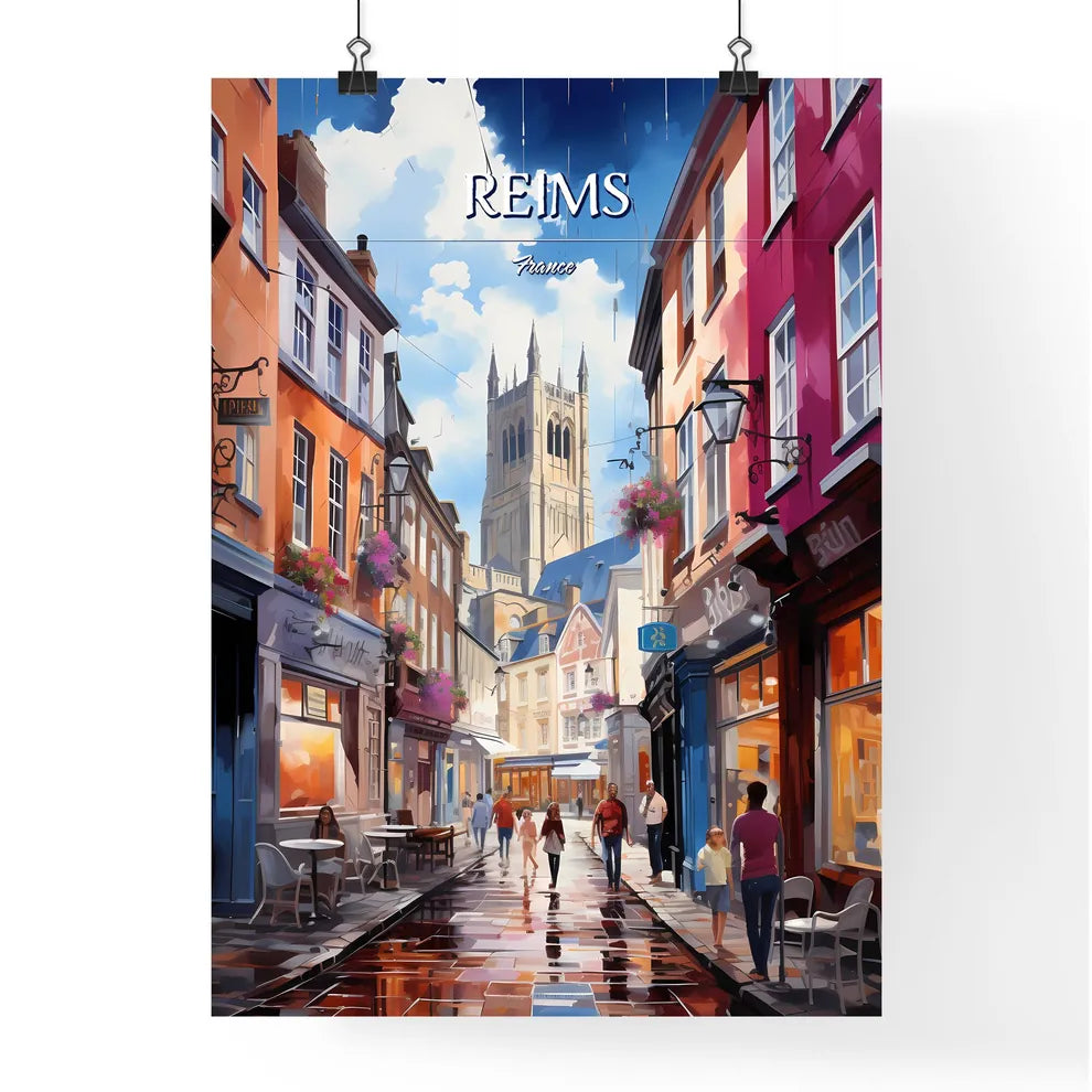 Reims, France - Art print of a street with people walking down it Poster