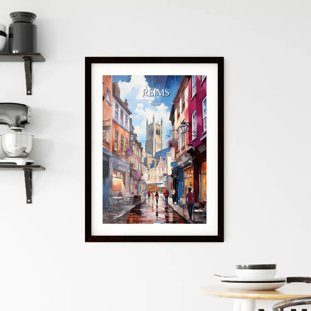 Reims, France - Art print of a street with people walking down it Custom Print