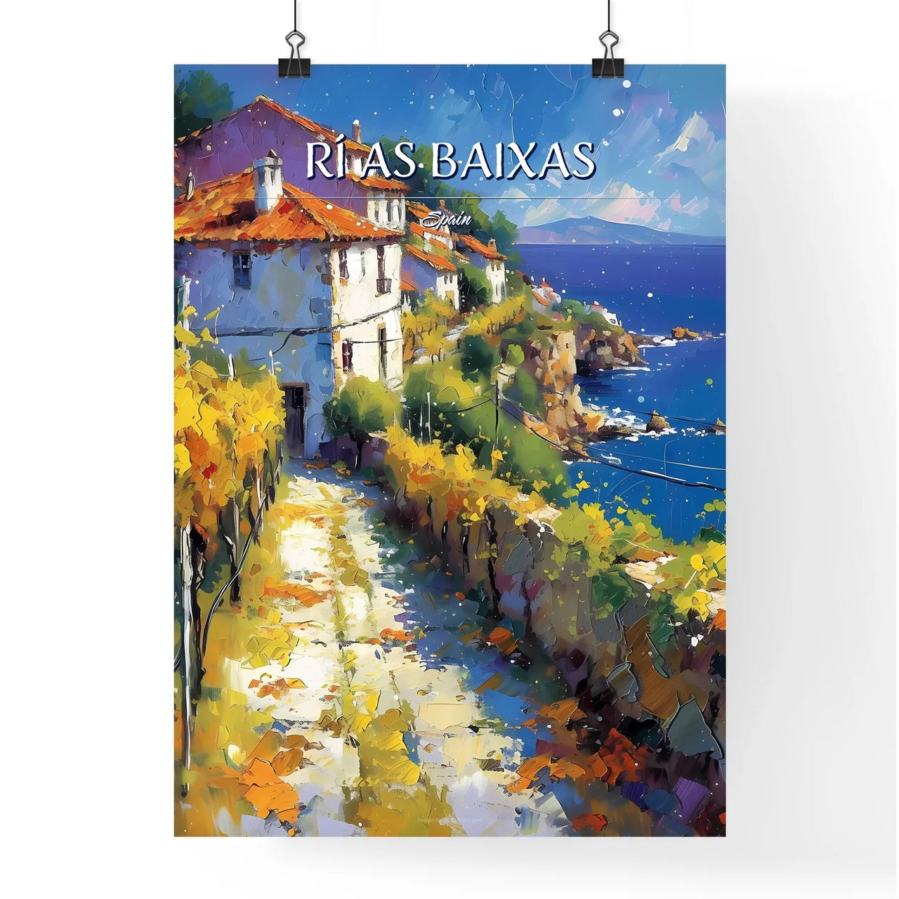Rí­as Baixas, Spain - Art print of a painting of a town on a cliff by the ocean Poster