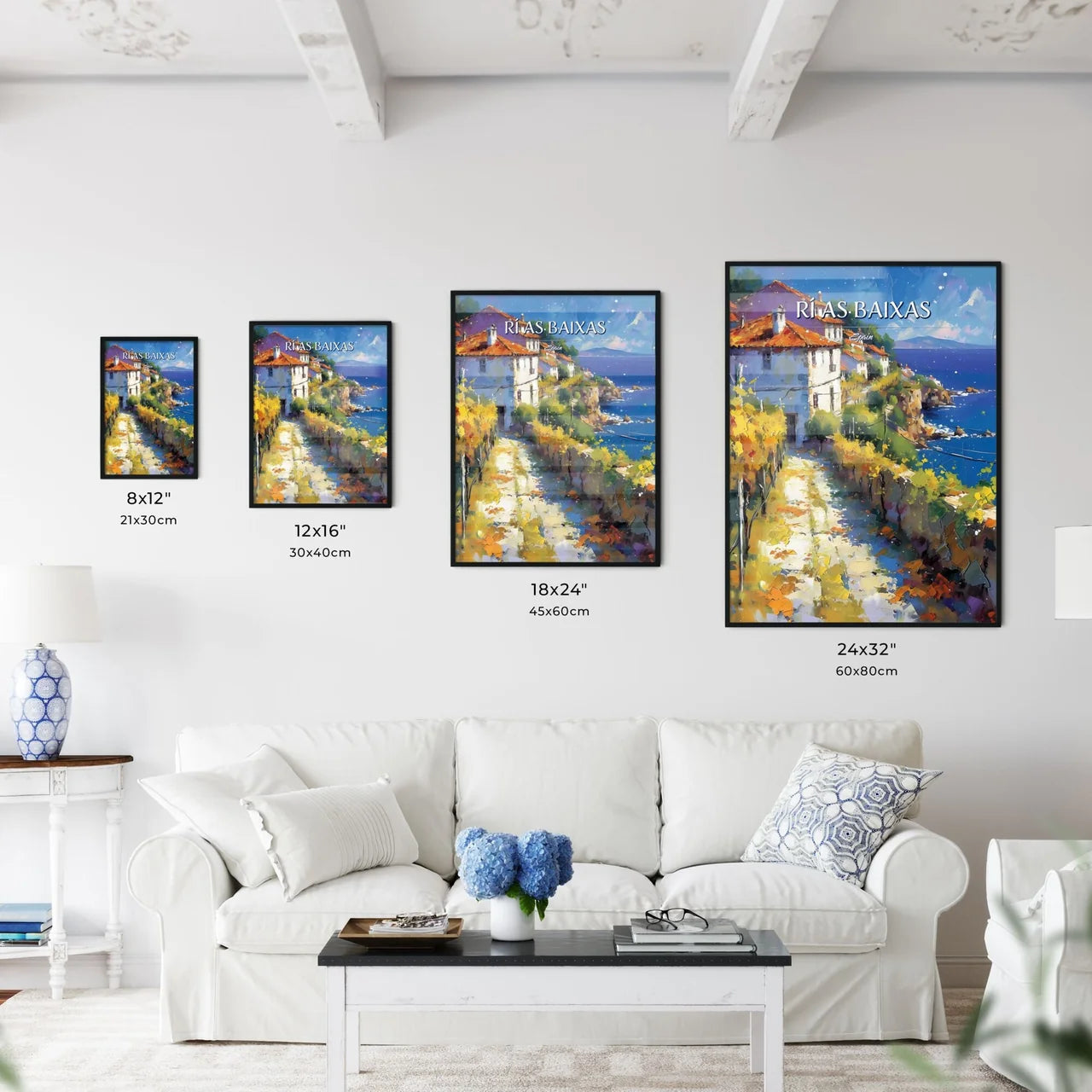 Rí­as Baixas, Spain - Art print of a painting of a town on a cliff by the ocean Size Chart